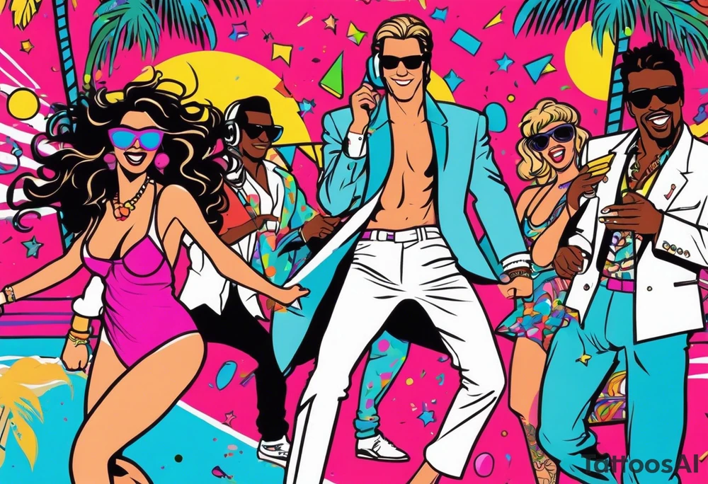 1980's miami vice style beach dance 
party, include confetti, music notes, boom box, bikinis tattoo idea