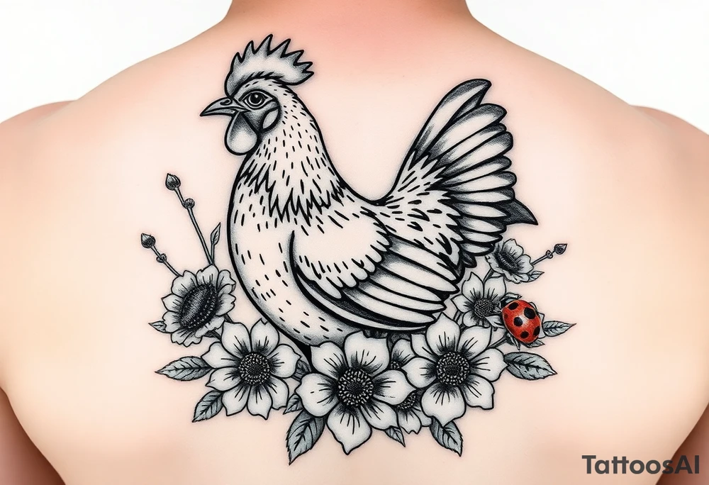 A chicken surrounded by wildflowers with ladybug on flowers petal tattoo idea