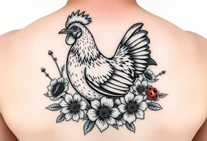 A chicken surrounded by wildflowers with ladybug on flowers petal tattoo idea