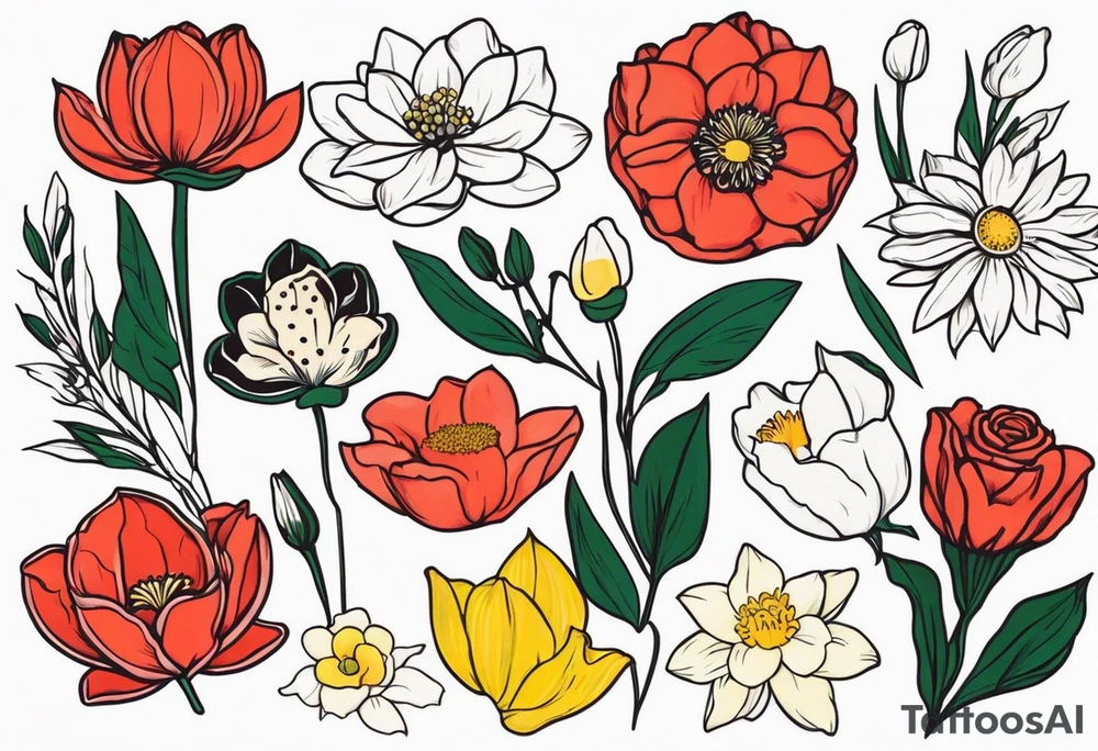 Poppy, water lily, Lily of the valley, daffodil, cosmo, rose, daisy flower bouquet, portrait style tattoo idea