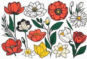 Poppy, water lily, Lily of the valley, daffodil, cosmo, rose, daisy flower bouquet, portrait style tattoo idea