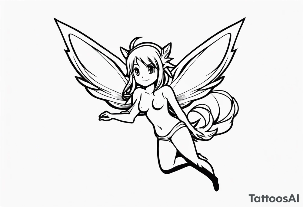 No color fairy with a tail inspired by the logo of the anime show called Fairy Tail in a fetal position leaning in and forward in the air flying tattoo idea