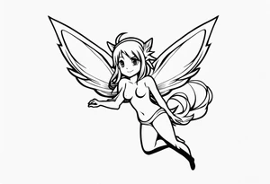 No color fairy with a tail inspired by the logo of the anime show called Fairy Tail in a fetal position leaning in and forward in the air flying tattoo idea