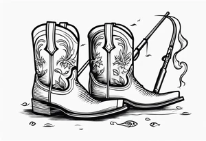 Square toe cowboy boots with tools and fishing rod coming out of them tattoo idea