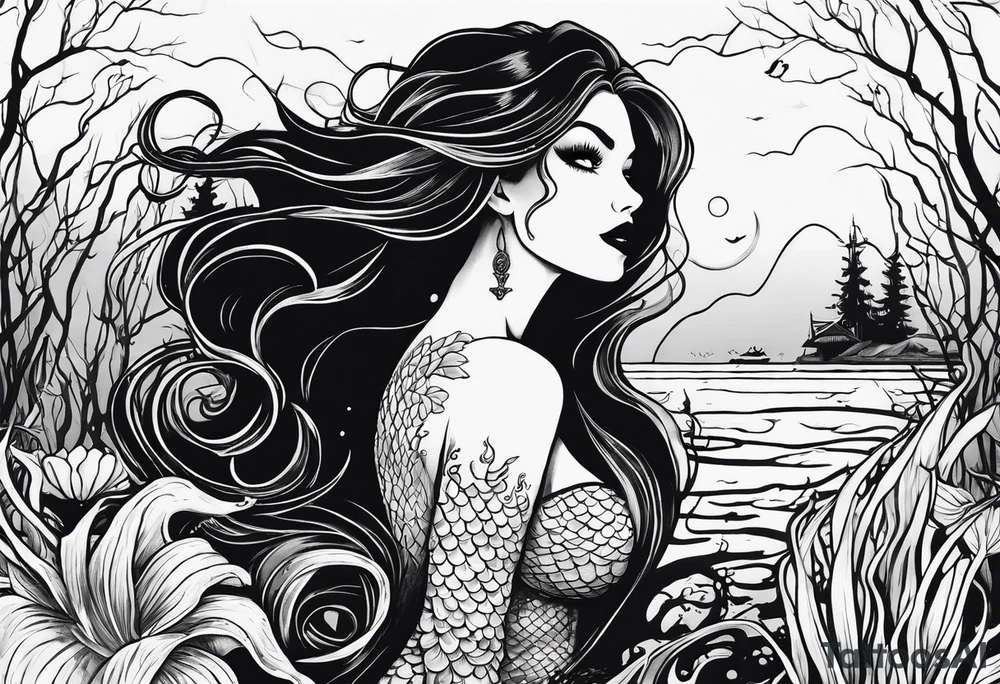 Creepy evil swamp mermaid tattoo idea