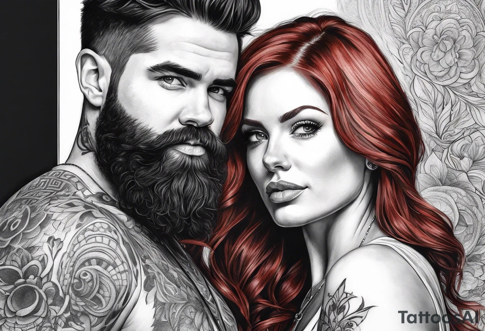 Busty red haired woman with a bearded man who has black hair tattoo idea