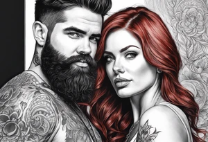Busty red haired woman with a bearded man who has black hair tattoo idea