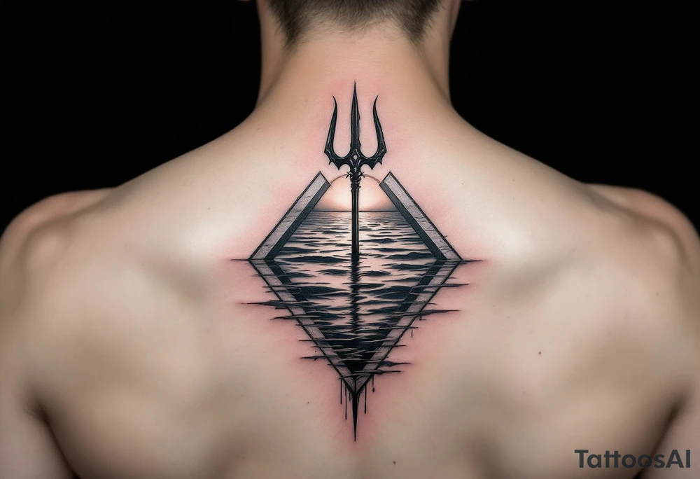 trident half way under calm water with sunset tattoo idea