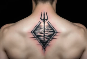 trident half way under calm water with sunset tattoo idea