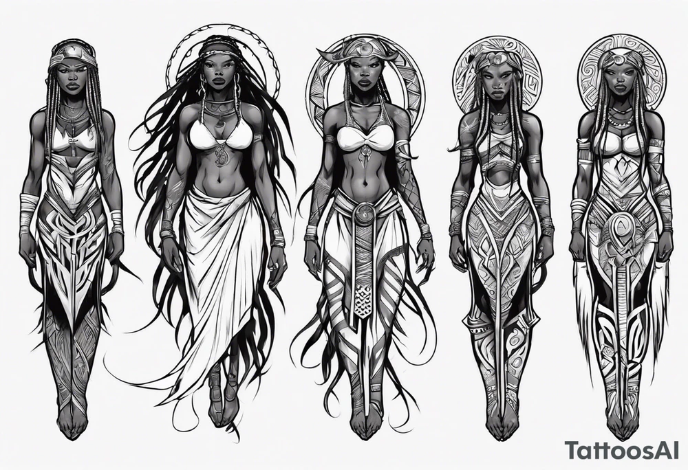 African female Viking  angel full body 
slim long face small mouth long braided hair tattoo idea