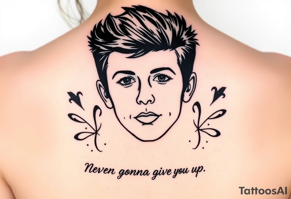Young Rick Astley Face with Never Gonna Give You Up text tattoo idea