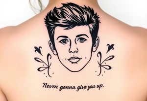 Young Rick Astley Face with Never Gonna Give You Up text tattoo idea