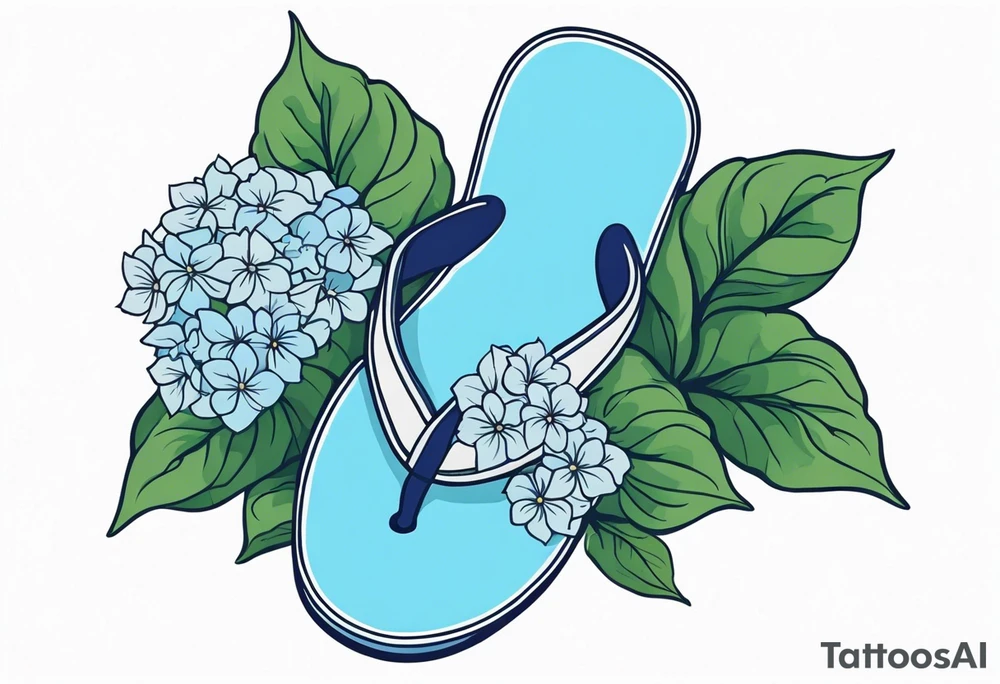 small tattoo of a single pastel blue flip flop surrounded by blue and periwinkle hydrangea flowers with green leaves tattoo idea