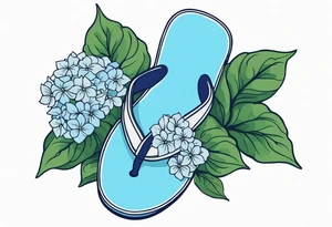 small tattoo of a single pastel blue flip flop surrounded by blue and periwinkle hydrangea flowers with green leaves tattoo idea