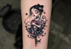 Tim Burton’s Button-Heart Girl – A stitched-up girl with a wind-up key in her back and a heart made of mismatched buttons, wearing a frilly dress in faded lilac and coal black. tattoo idea