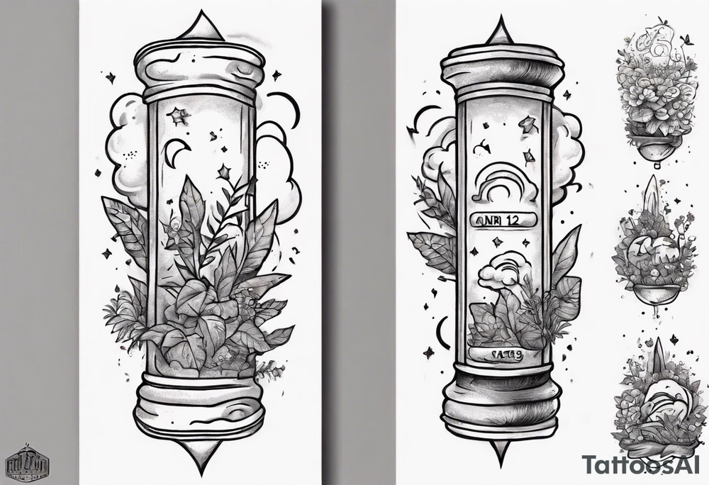 a forearm tattoo with a cloud with little plants and underneath it the date 12.08.05 tattoo idea