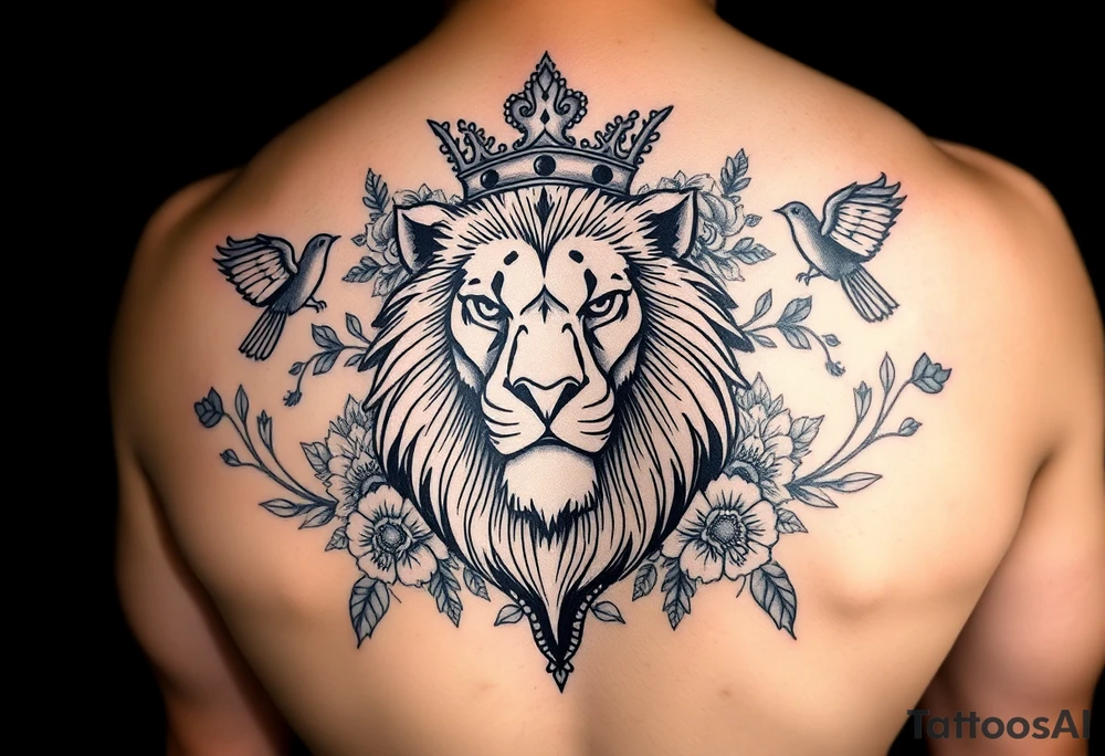 powerful majestic lion with a crown, surrounded by floral ornaments and birds tattoo idea