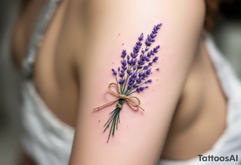 A small bundle of lavender tied with a rustic twine bow, with soft violet petals and faded green stems for a vintage feel. tattoo idea