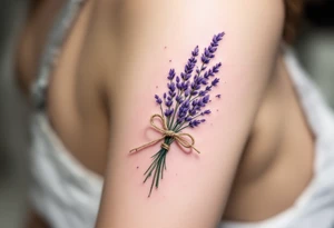 A small bundle of lavender tied with a rustic twine bow, with soft violet petals and faded green stems for a vintage feel. tattoo idea