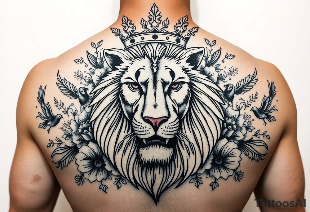 powerful majestic lion with a crown, surrounded by floral ornaments and birds tattoo idea