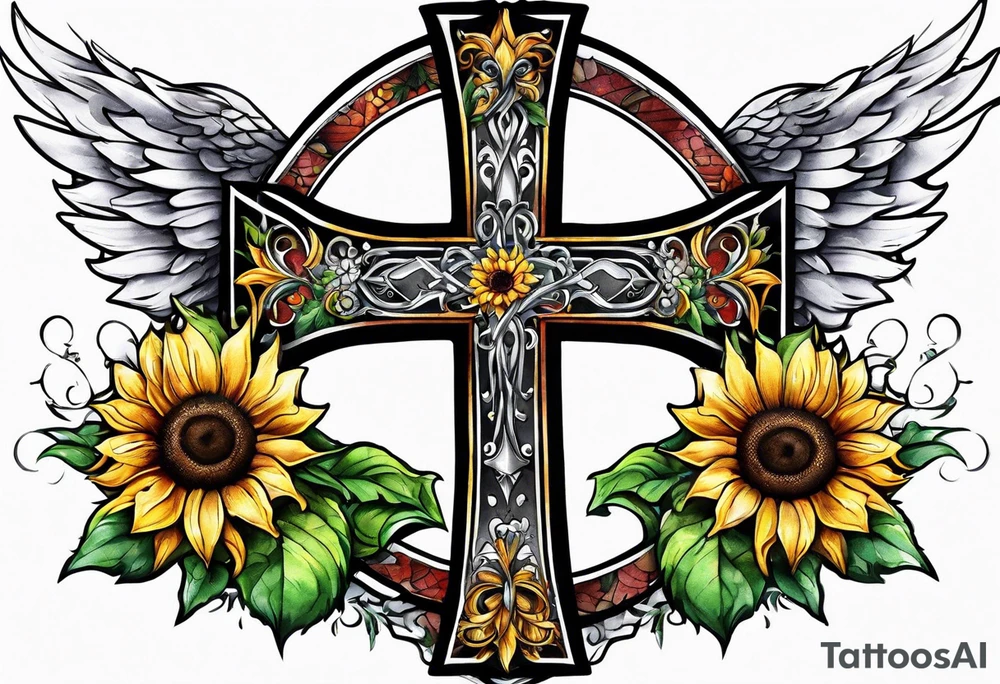 Winged cross with sunflower arm sleeve tattoo idea