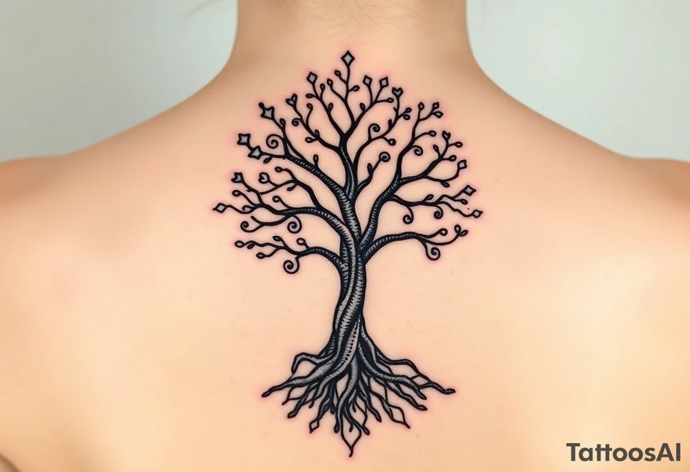 mystical tree of life with cosmic roots and celestial branches tattoo idea
