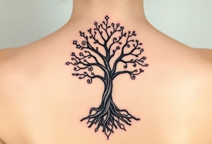 mystical tree of life with cosmic roots and celestial branches tattoo idea