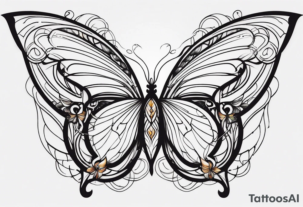 Feminine butterfly with fine lines, incorporating subtle sun and moon symbols in the wings, flowing curves representing the balance of fire and water, all in a minimalist, elegant style. tattoo idea