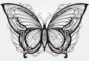 Feminine butterfly with fine lines, incorporating subtle sun and moon symbols in the wings, flowing curves representing the balance of fire and water, all in a minimalist, elegant style. tattoo idea