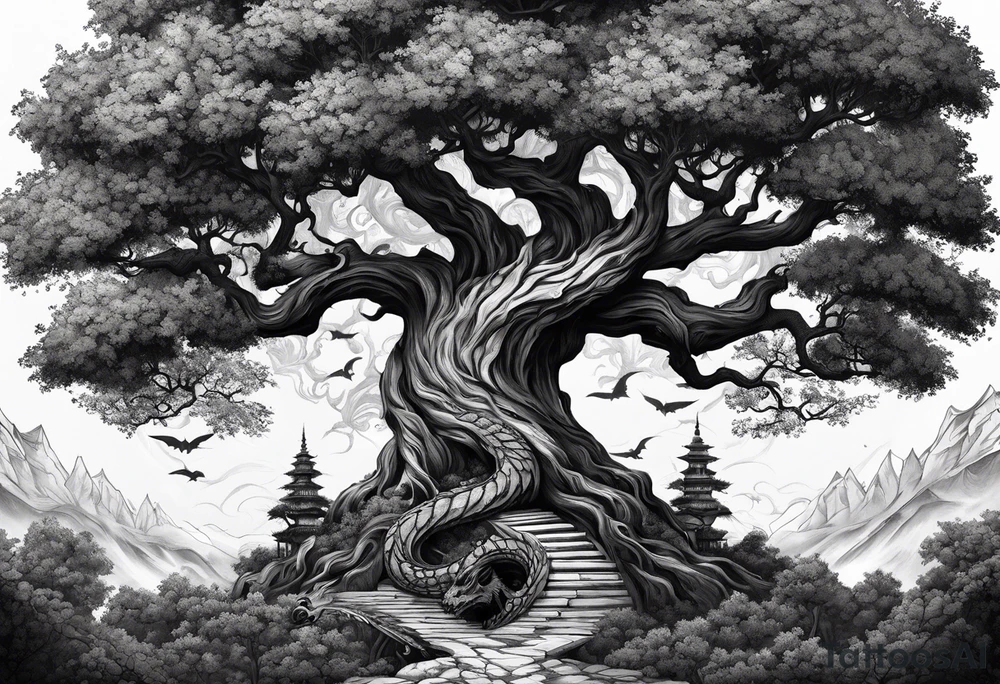 Tree of yigdrassil with dragon and skulls tattoo idea