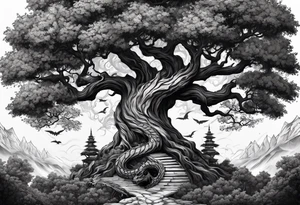 Tree of yigdrassil with dragon and skulls tattoo idea
