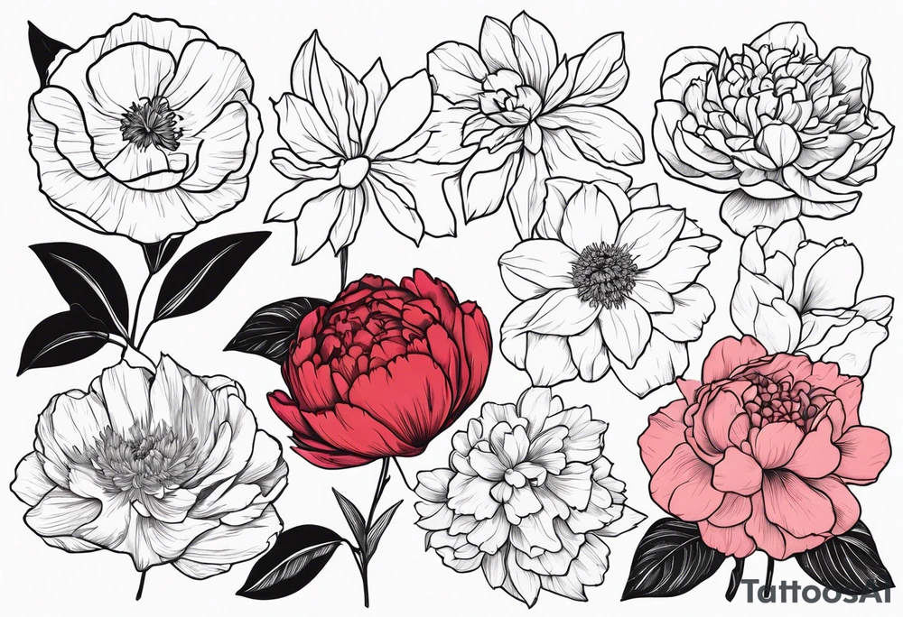 8 flowers peony, carnation, daffodil, daphne, dahlia, desiree, daisy and rose tattoo idea