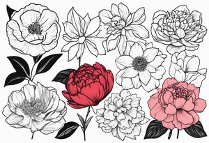 8 flowers peony, carnation, daffodil, daphne, dahlia, desiree, daisy and rose tattoo idea