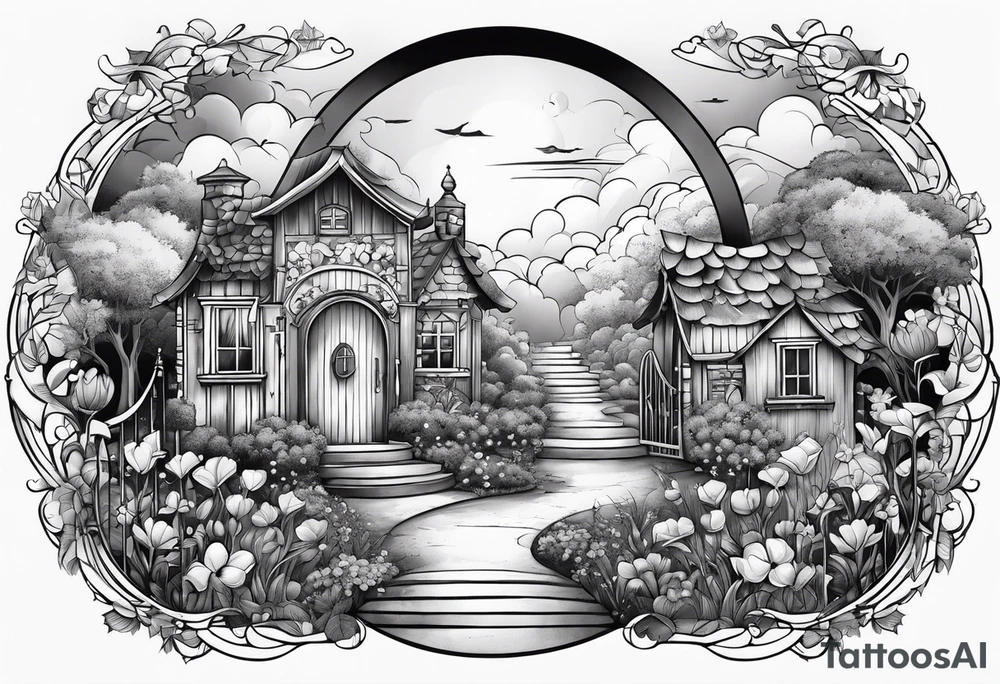 night fairy town garden small houses gate entrance
in circle vignette surrounded by clouds floral tattoo idea