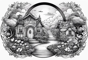 night fairy town  garden small houses gate entrance 
 in circle vignette surrounded by clouds floral tattoo idea