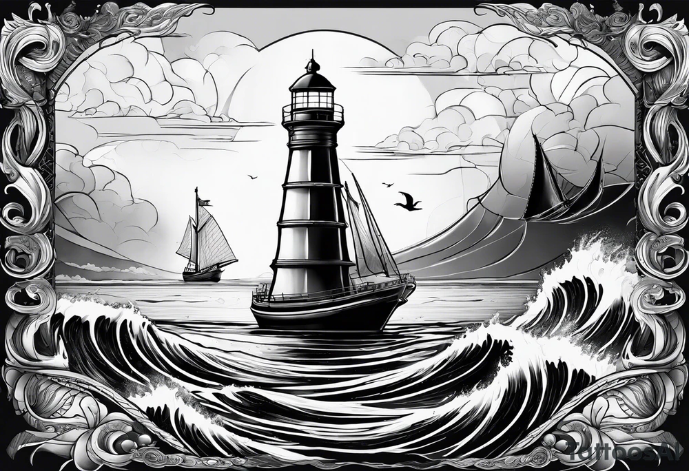 ghost marine lighthouse behind the bow of a sailboat. tattoo idea