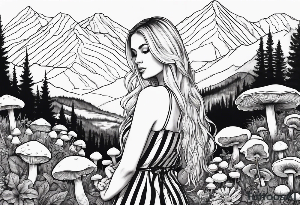 Straight long blonde hair girl holding mushrooms in hand facing away toward mountains surrounded by mushrooms black and white striped dress tattoo idea