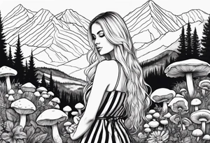 Straight long blonde hair girl holding mushrooms in hand facing away toward mountains surrounded by mushrooms black and white striped dress tattoo idea