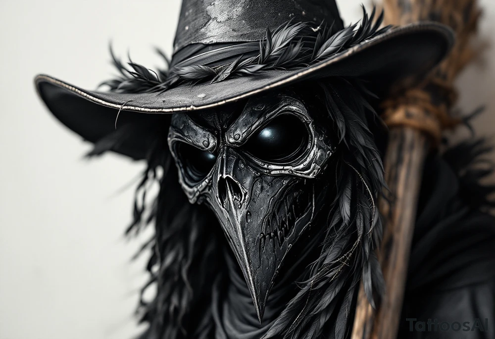 Plague Doctor with Crow Feathers – A mysterious plague doctor with crow feathers woven into the edges of the hat and cloak. The mask is dark gray with weathered metal detailing, and the eyes reflect dim light from a distant source. tattoo idea