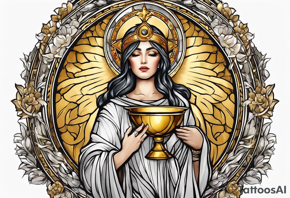 holy saint woman with golden halo holding a chalice tattoo idea