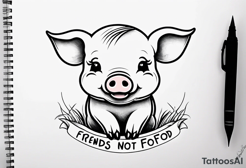 cute pig or piglet.
with text: "friends not food"
very thin lines tattoo idea cute pig or piglet.
with text: "friends not food"
very thin lines tattoo idea