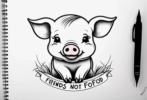 cute pig or piglet.
with text: "friends not food" 
very thin lines tattoo idea