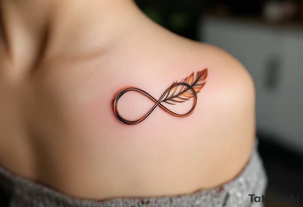 A feathered infinity design, with soft brown and gold hues, resembling the texture of delicate bird feathers. tattoo idea
