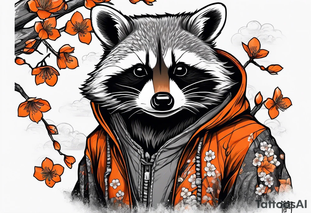 raccoon wearing a Superman hoodie with orange Japanese cherry blossoms tattoo idea