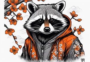raccoon wearing a Superman hoodie with orange Japanese cherry blossoms tattoo idea
