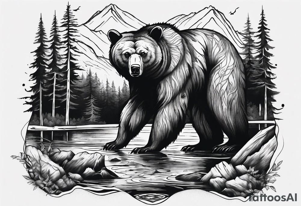 bear, forest, lake, appalachia, arm sleeve tattoo tattoo idea