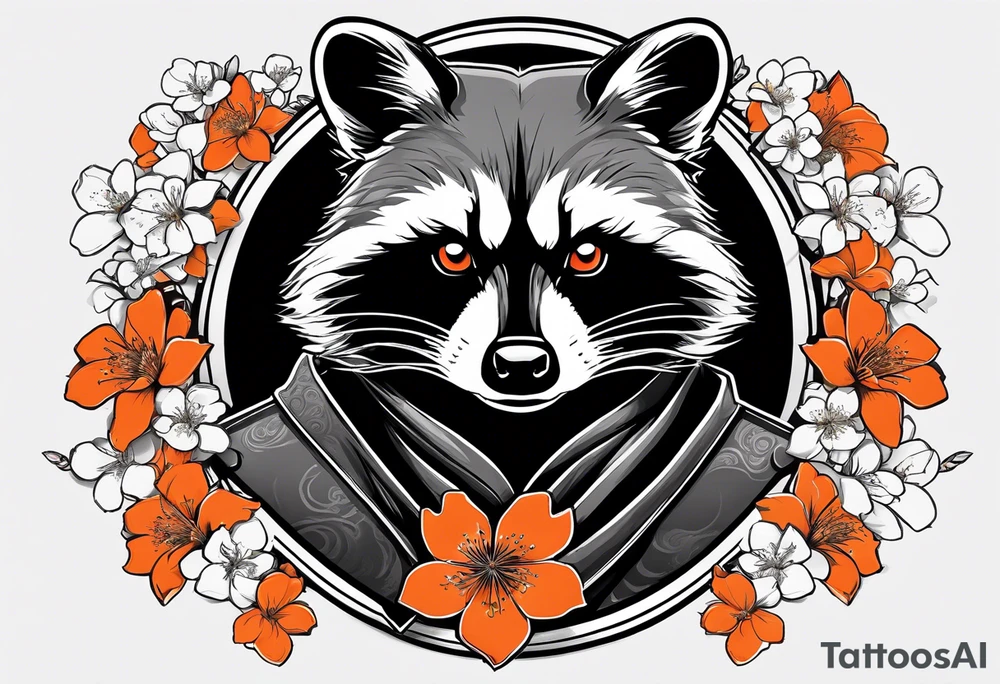 Raccoon wearing a white Superman logo on a black hoodie and orange Japanese cherry blossoms tattoo idea