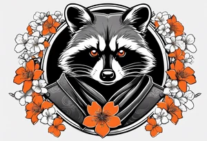 Raccoon wearing a white Superman logo on a black hoodie and orange Japanese cherry blossoms tattoo idea