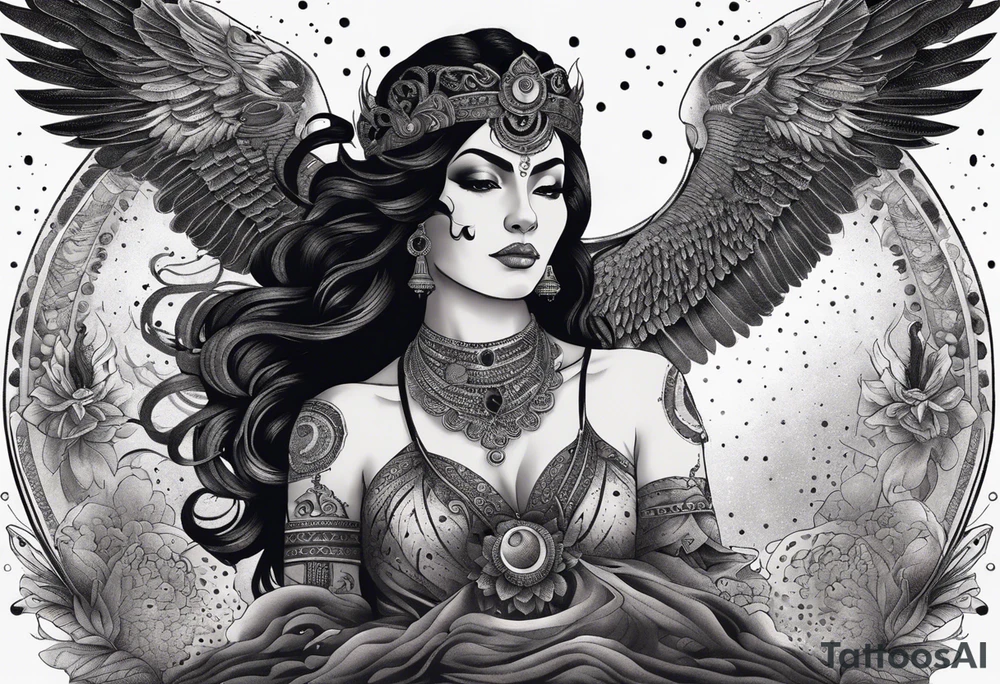 black kali, goddess pirate, alien, angel, pachamama, valkrye, warrior, flying, skull, lotus azul, wing, eagle, zenza resonance, stars, 5D, anahata chakra, death, durga, riding on a tiger, flying lady, kundalini, chest tatoo, samuri, rebel,serpent tattoo idea