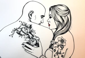 Woman with long red hair and red lipstick with lots of tattoos with  a bald muscular white man with tattoos getting married tattoo idea
